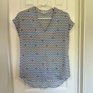 Pleione Blue and White Wrap Blouse Cap Sleeve